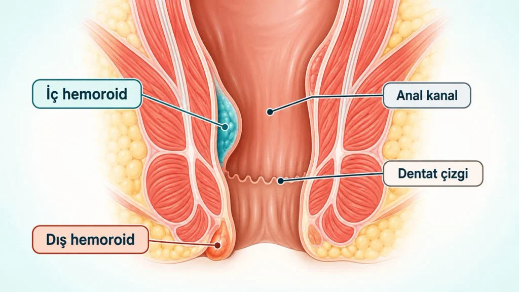 Hemoroid hastalığı görüntüsü anatomi üzerinden iç ve dış hemoroid olarak gösterilmektedir.