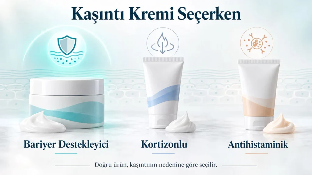 Kaşıntı kremi çeşitleri çeşitli etken gruplara ayrılmakta ve görsel bunu özetlemektedir.